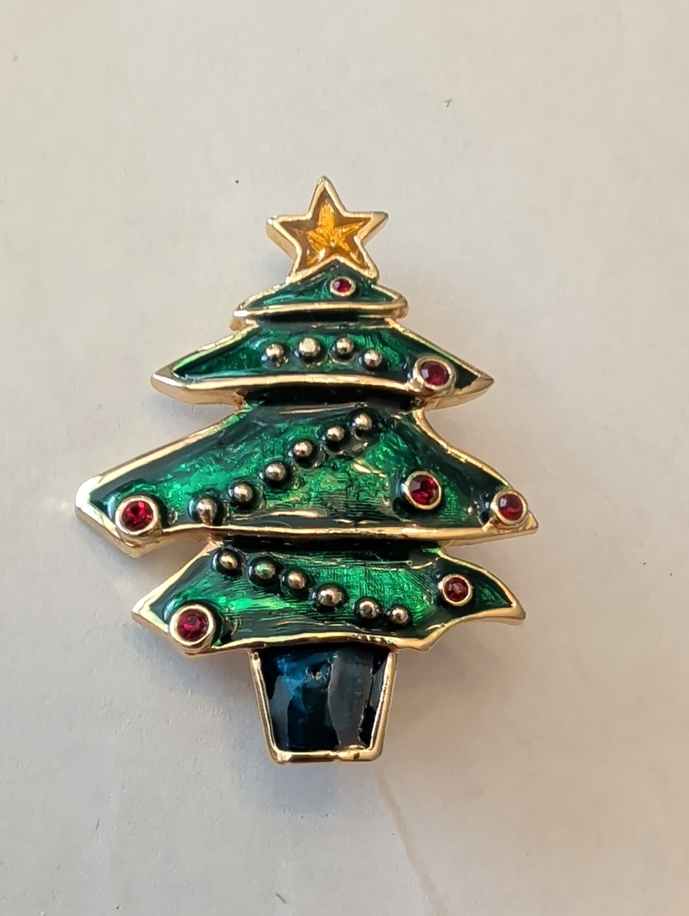 Festive Green Enamel Christmas Tree Brooch with Gold Accents
